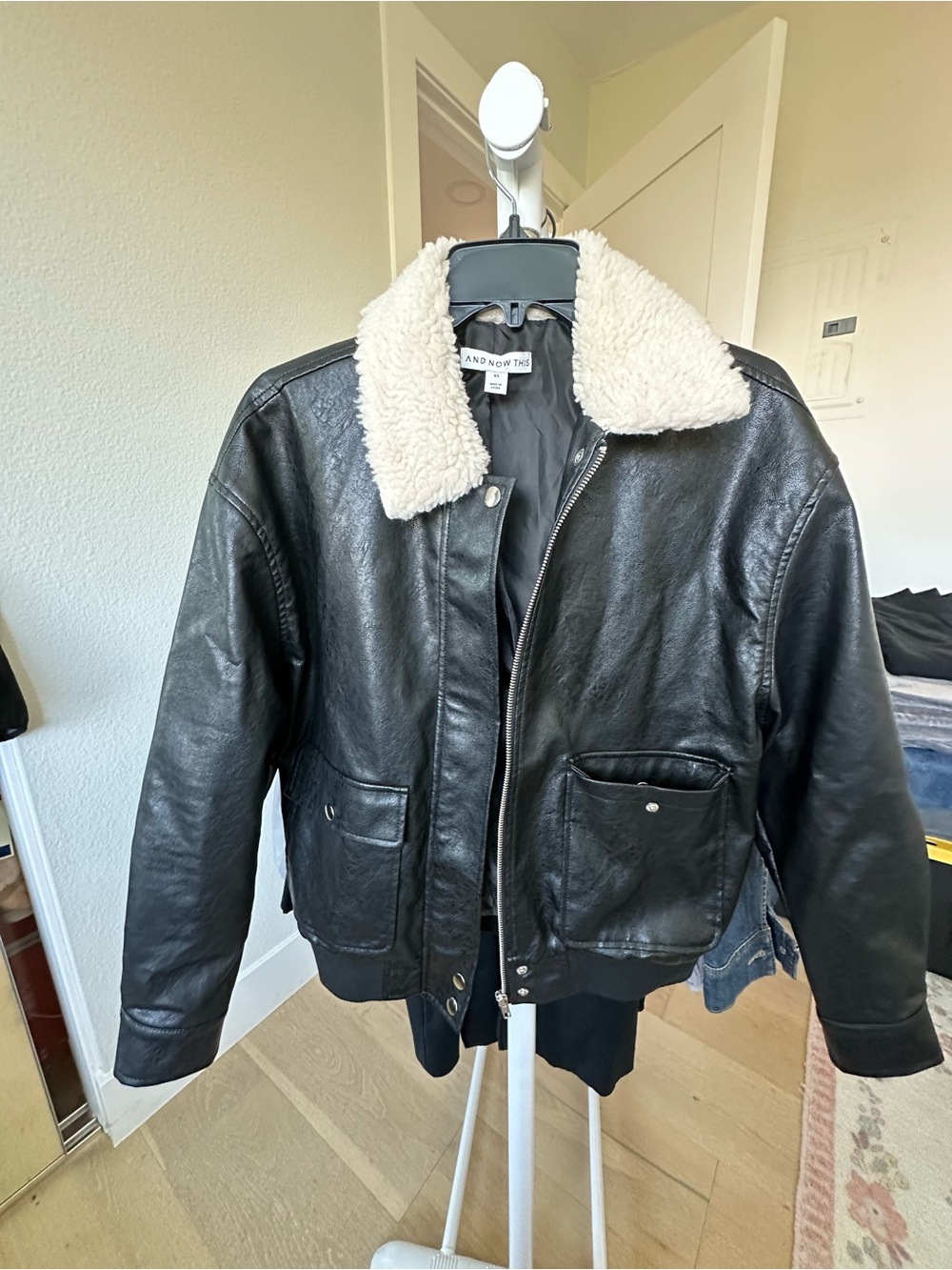 Women’s  Black Faux Leather Sherpa Collar Jacket